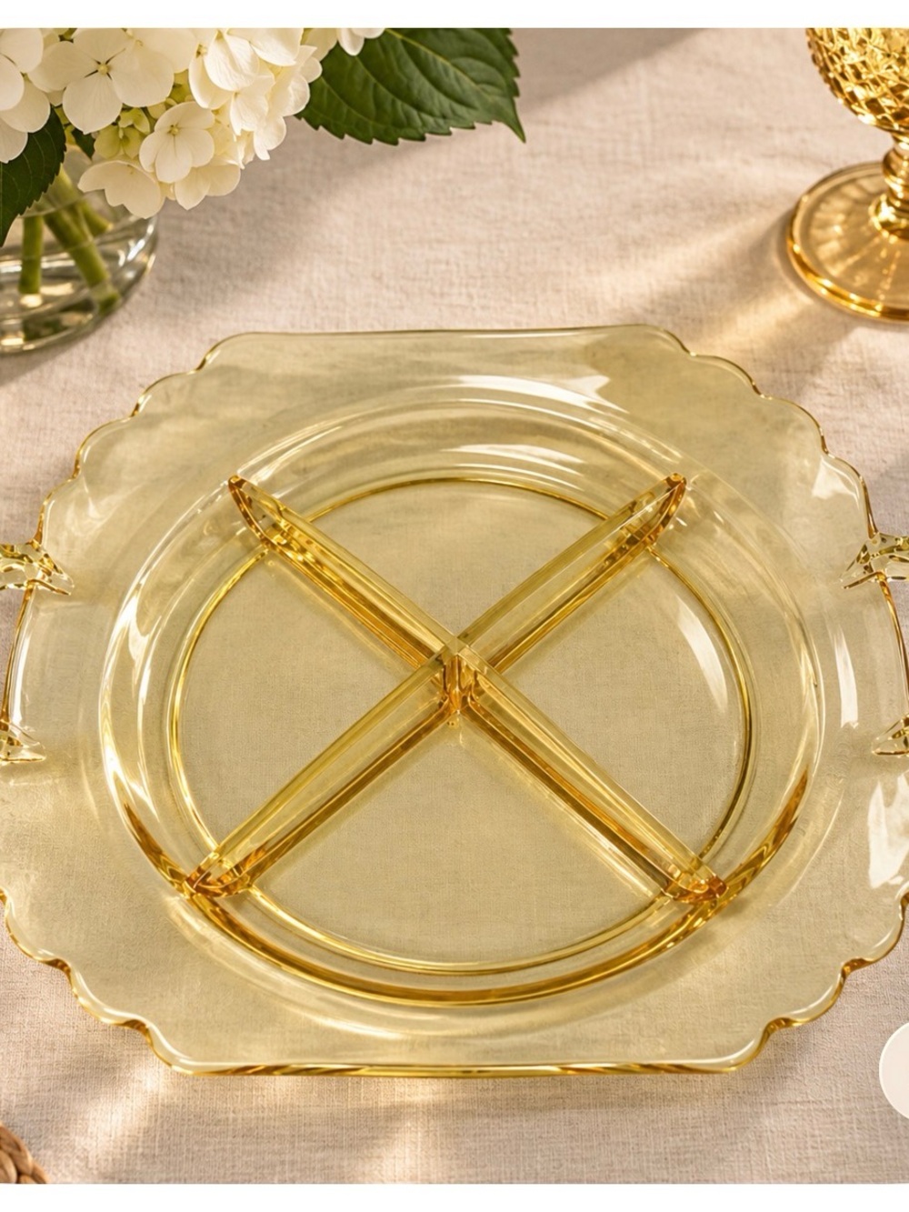 Fostoria Mayfair Fairfax 1930s Topaz Yellow Gold Divided Condiment Dish